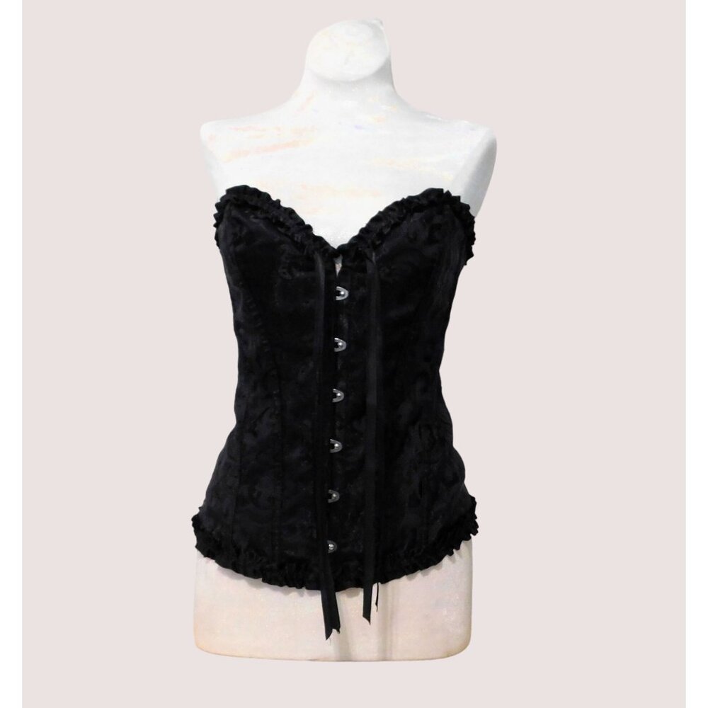 Black Lace Up Corset Bustier Top Womens XL Floral Print Ruffle Hemline Boned